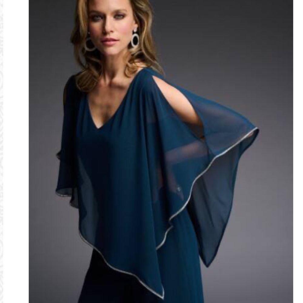 NWT Joseph Ribkoff teal blue cape top & rhinestone trim slit shoulder  size 20